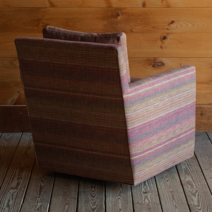 Swivel Chair with Art Deco Lines Upholstered in Rustic Stripe Fabric, Angled Back View