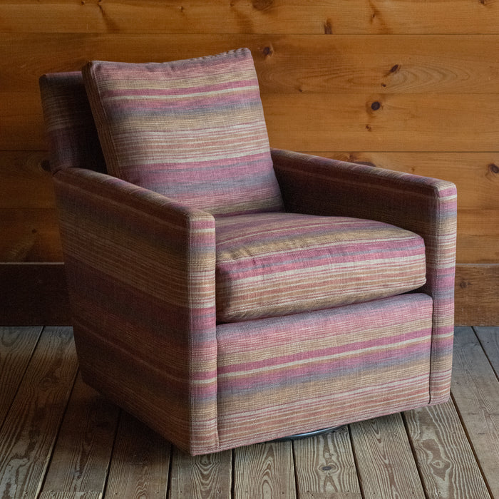 Swivel Chair with Art Deco Lines Upholstered in Rustic Stripe Fabric, Angled Front View