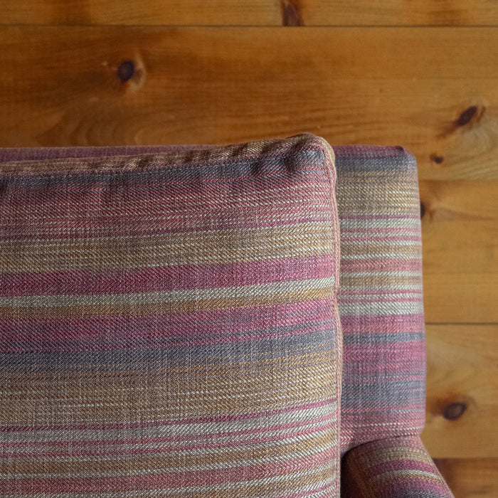 Swivel Chair with Art Deco Lines Upholstered in Rustic Stripe Fabric, Back Cushion Corner Detail