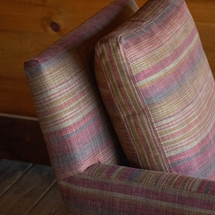 Swivel Chair with Art Deco Lines Upholstered in Rustic Stripe Fabric, Back Cushion Seam Detail