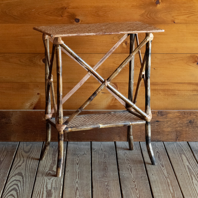 Bamboo Side Table with Woven Rattan Top and Shelf, Angled Front View