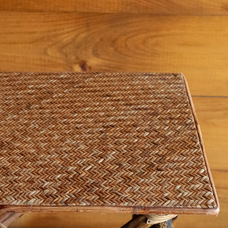 Bamboo Side Table with Woven Rattan Top and Shelf, Top Detail