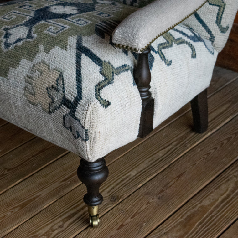 Tight Back Blue, Cream, and Sage Rug Upholstered Lounge Chair with Turned Front Legs on Casters, Fabric Detail