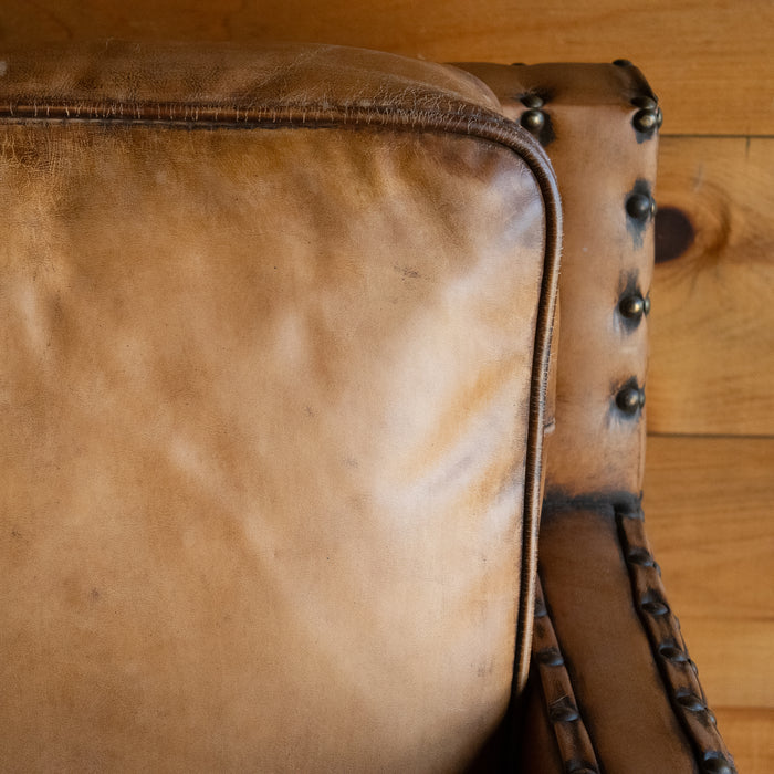 Rustic Square Buffalo Leather Loveseat with Nailhead Trim, Back Cushion Detail