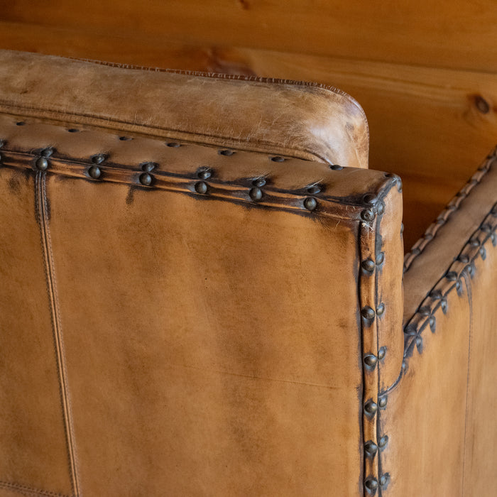 Rustic Square Buffalo Leather Loveseat with Nailhead Trim, Back Corner Detail