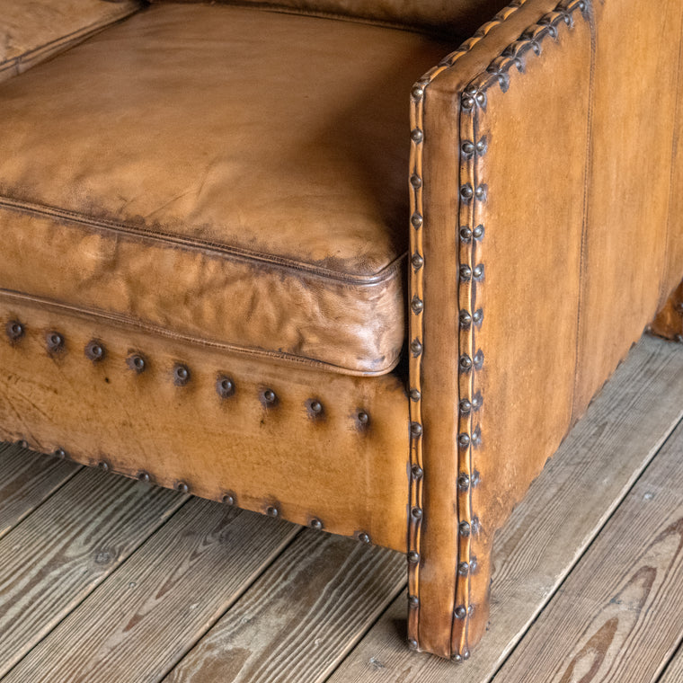 Rustic Square Buffalo Leather Loveseat with Nailhead Trim, Back Corner Detail