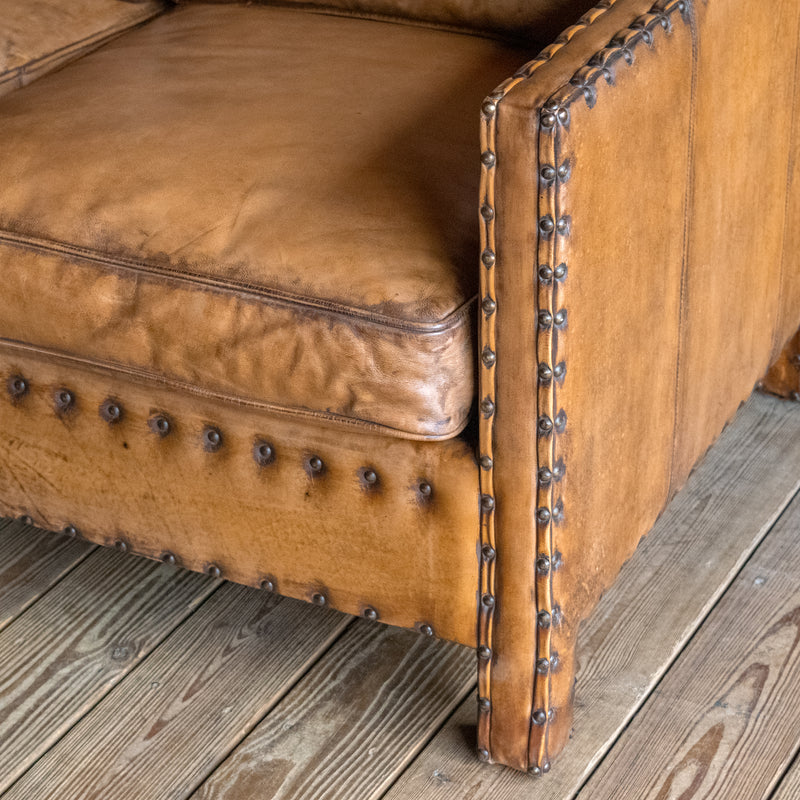 Rustic Square Buffalo Leather Loveseat with Nailhead Trim, Arm & Front Leg Detail