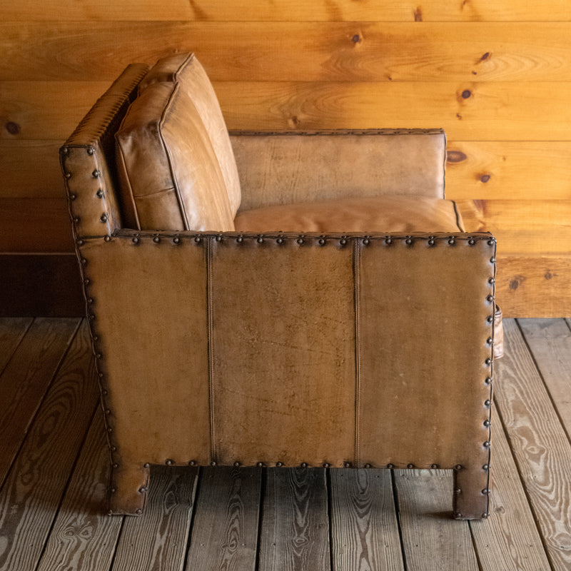 Rustic Square Buffalo Leather Loveseat with Nailhead Trim, Profile View