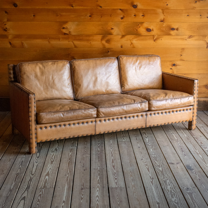 Rustic Square Buffalo Leather Sofa with Nailhead Trim, Angled Front View