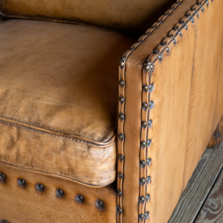 Rustic Square Buffalo Leather Sofa with Nailhead Trim, Back Nailhead Detail