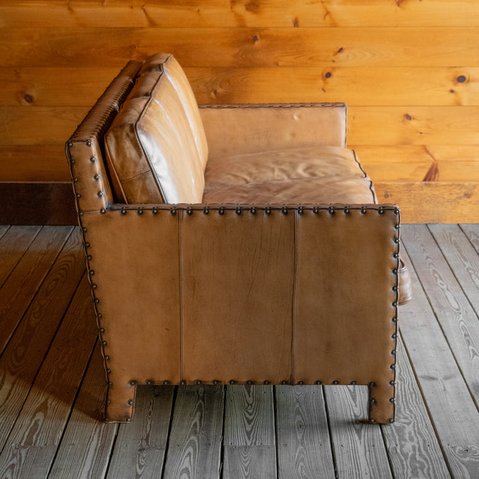 Rustic Square Buffalo Leather Sofa with Nailhead Trim, Profile View