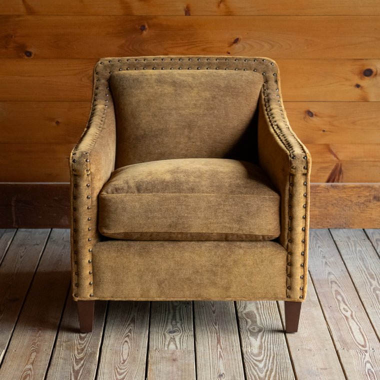 Sloped Arm Swivel Chair Upholstered in Brassy Umber Mohair Fabric with Tight Back and Nailhead Trim, Angled Back View