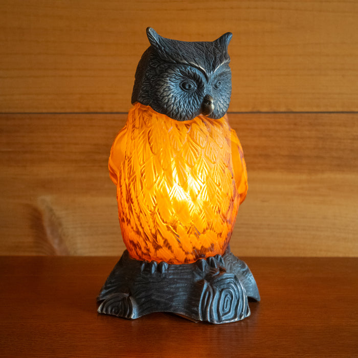 Owl Lamp with Bronze-Finished Head and Tree Base with Amber Spatter Glass Body, Angled Front View