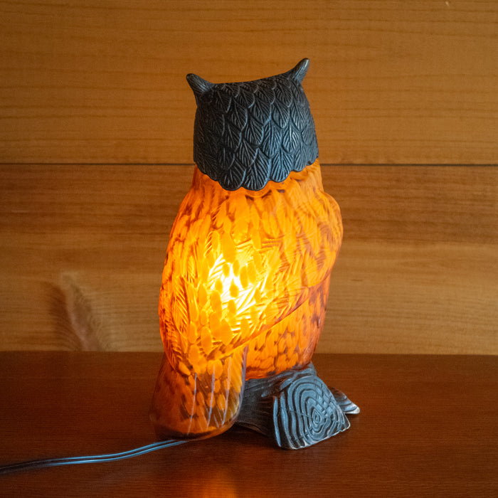 Owl Lamp with Bronze-Finished Head and Tree Base with Amber Spatter Glass Body, Back View