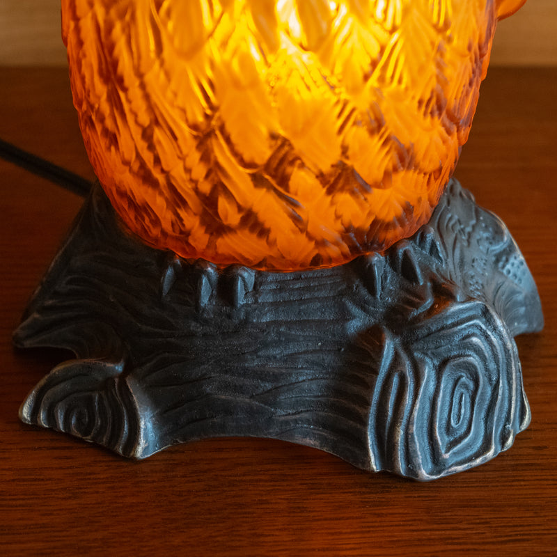 Owl Lamp with Bronze-Finished Head and Tree Base with Amber Spatter Glass Body, Base Detail