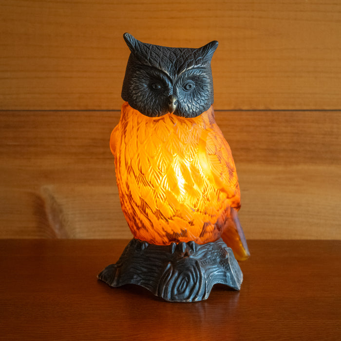 Owl Lamp with Bronze-Finished Head and Tree Base with Amber Spatter Glass Body, Front View