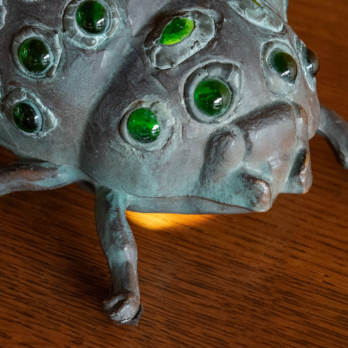 Bronze Beetle Accent Lamp with Green Glass Gemstones, Patina Detail