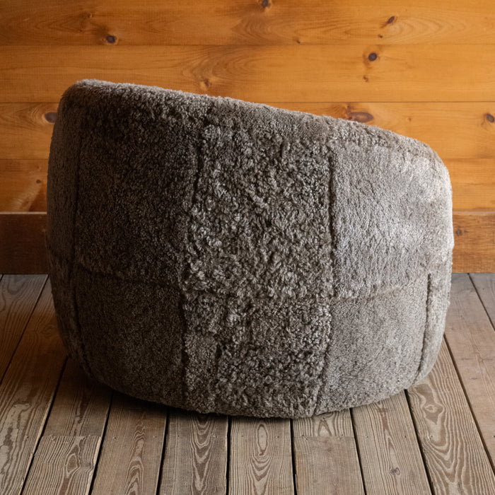 Brown Sheepskin Barrel Swivel Chair, Angled Profile View