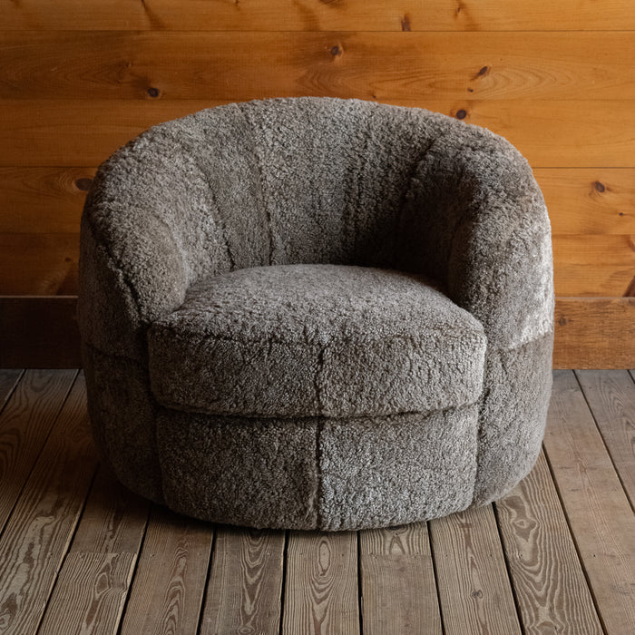 Brown Sheepskin Barrel Swivel Chair, Front View