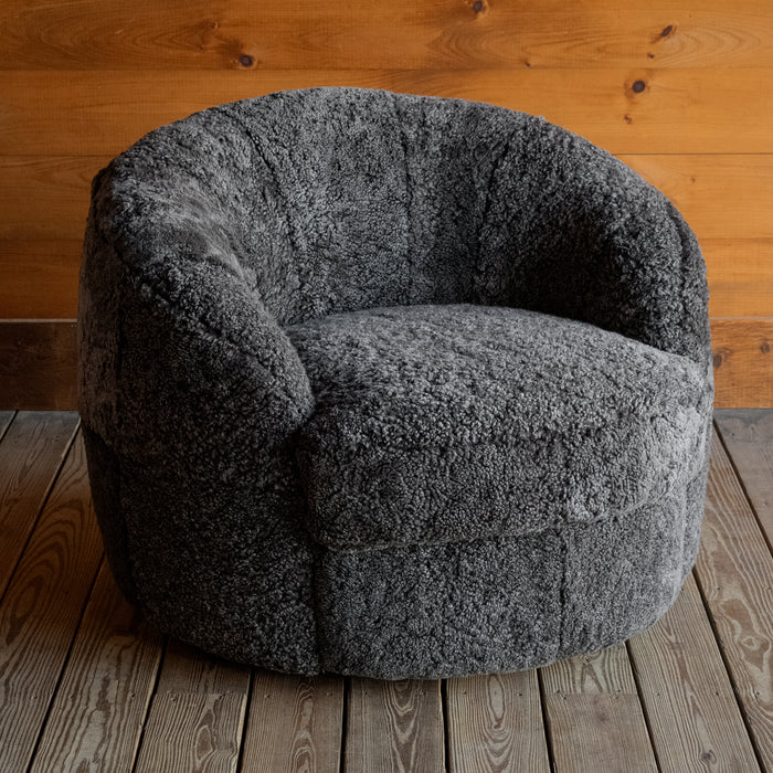 Charcoal Sheepskin Barrel Swivel Chair, Angled Front View