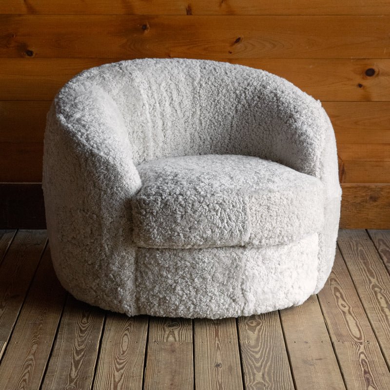 Cream Sheepskin Barrel Swivel Chair, Angled Front View