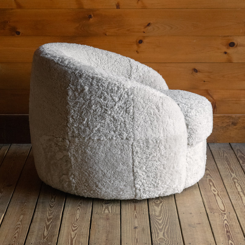 Cream Sheepskin Barrel Swivel Chair, Profile View