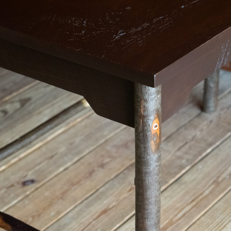 46" Dark Rough-Sawn Pine Top Writing Desk, Corner Detail