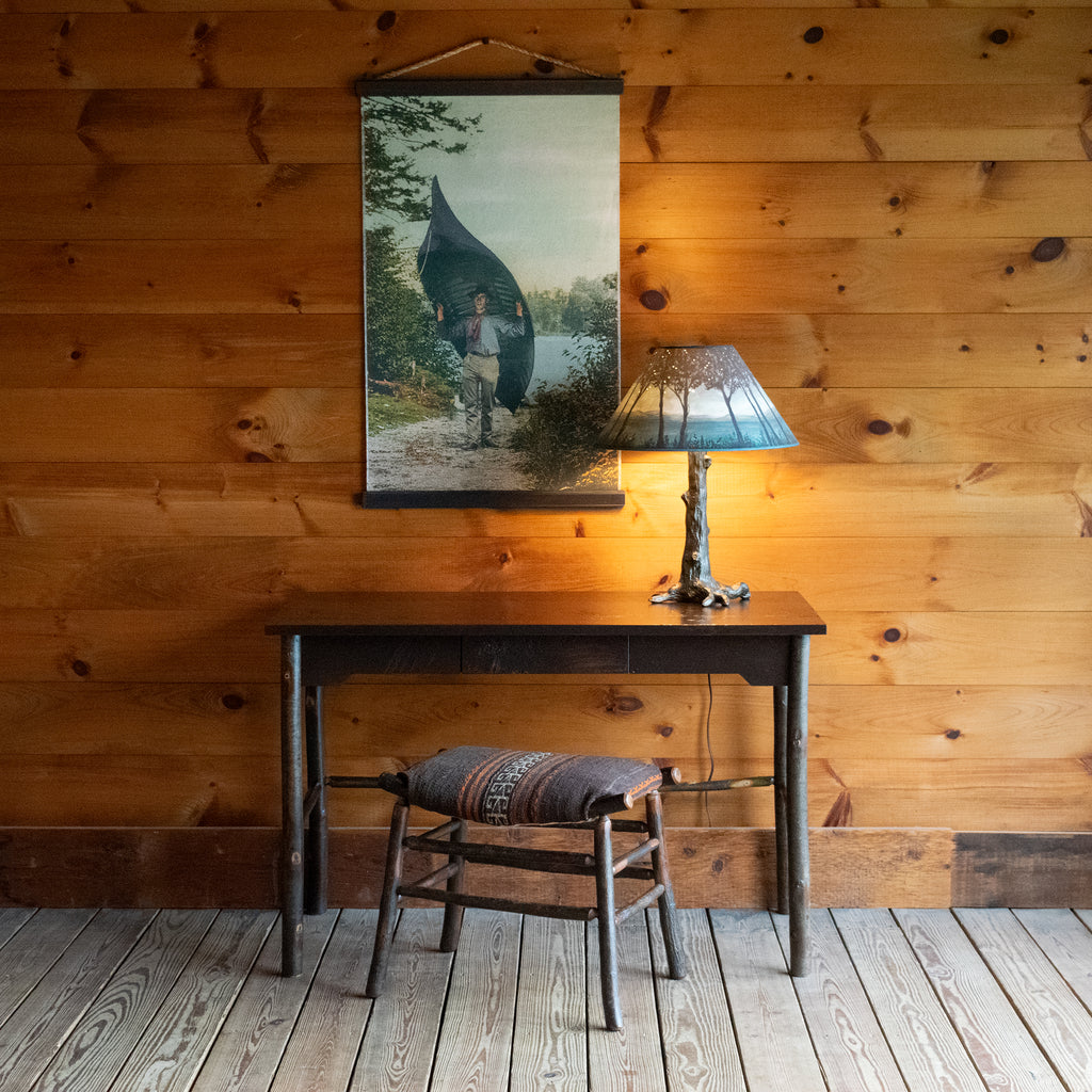 46" Dark Rough-Sawn Pine Top Writing Desk with Wall Chart, Lamp, and Stool