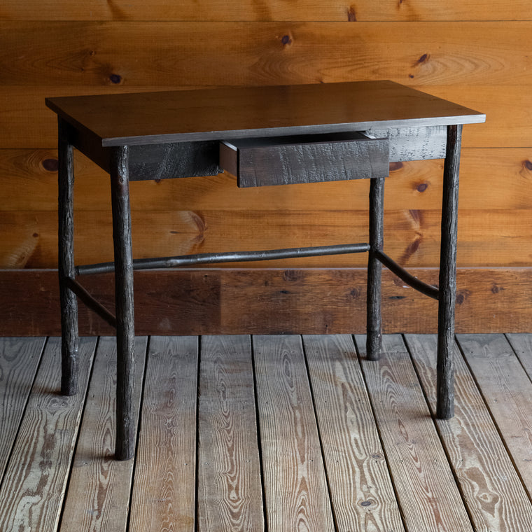 Rough-Sawn Dark Pine & Hickory Writing Desk with Dovetail Drawer, Dovetail Drawer Detail