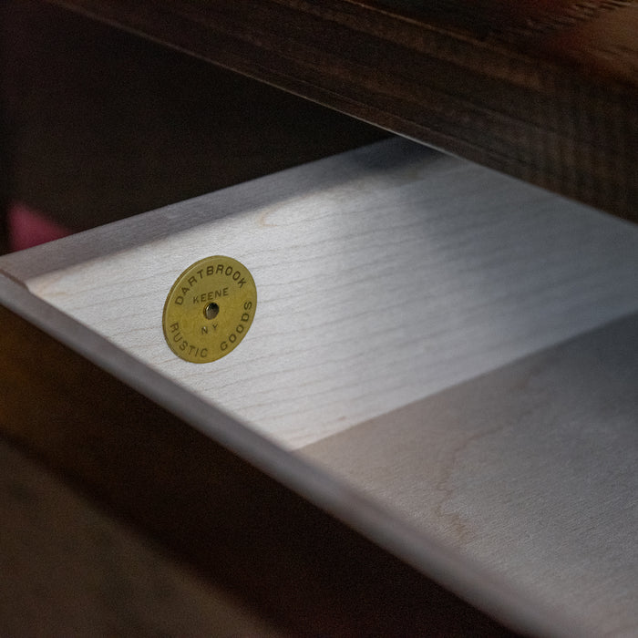 Rough-Sawn Dark Pine & Hickory Writing Desk with Dovetail Drawer, Dartbrook Pin Detail