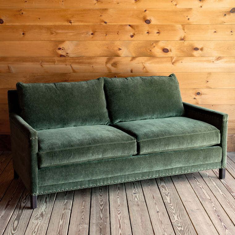 Rustic Green Track Arm Sofa With Tack Trim, Back View