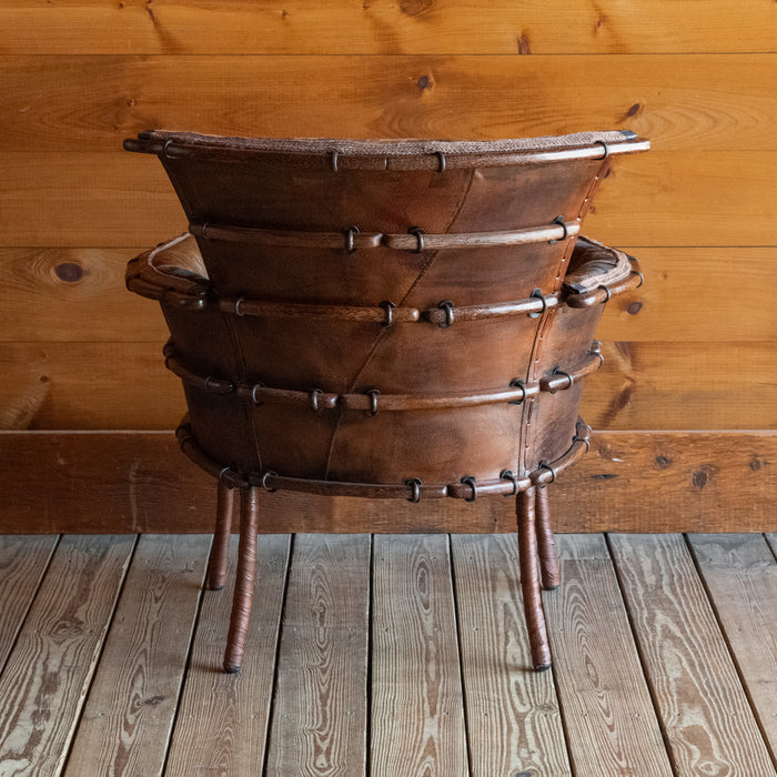 Rustic Black and Brown Brindle Hair-on-Hide Leather Chair with Ribbed Back, Back View