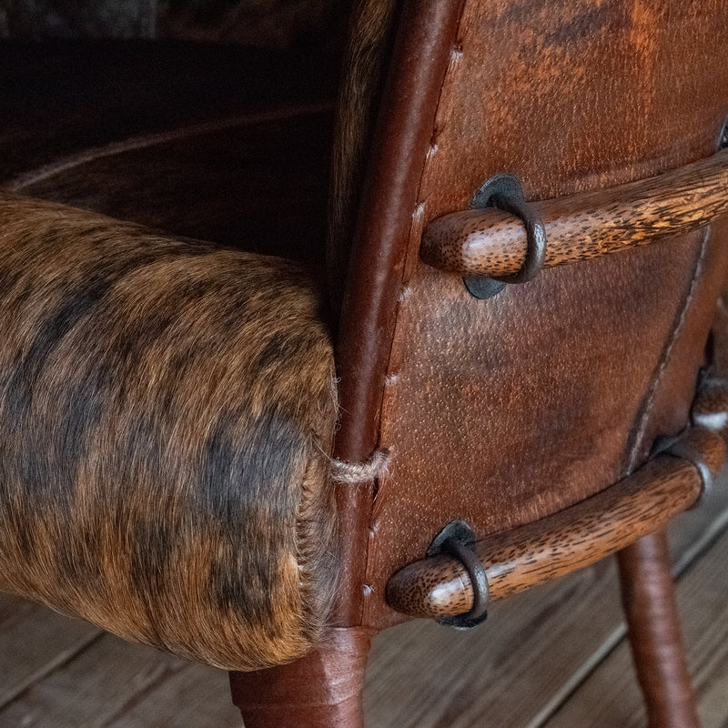 Rustic Black and Brown Brindle Hair-on-Hide Leather Chair with Ribbed Back, Side Detail