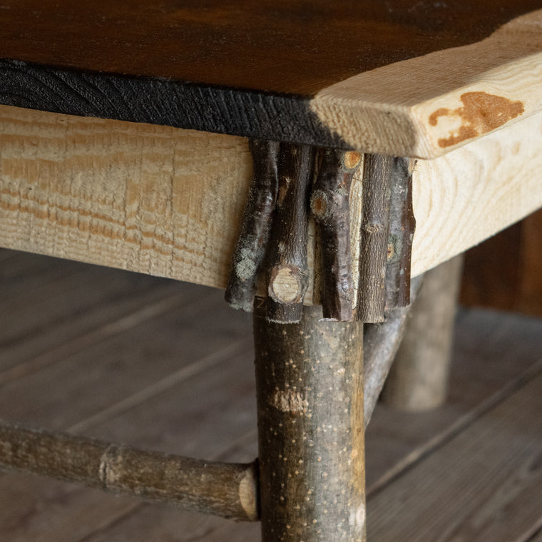 Rustic Wood Bench/Coffee Table with Walnut-Stained Center and Twig Decoration, Profile View 