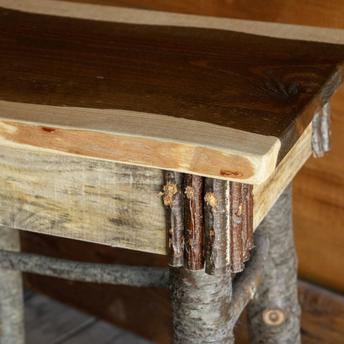 Rustic Wood Bench/Coffee Table with Walnut-Stained Center and Twig Decoration, Corner Detail