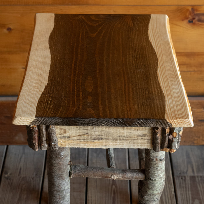 Rustic Wood Bench/Coffee Table with Walnut-Stained Center and Twig Decoration, Top View