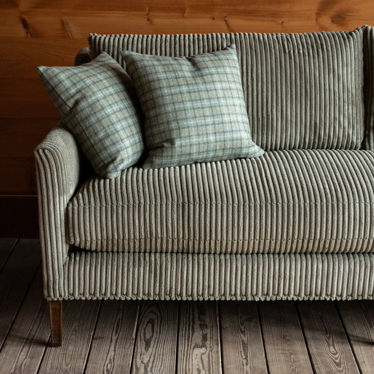 Muted Green Corded Velour Bench Seat Cushion Sofa with Plaid Throw Pillows, Leg Detail