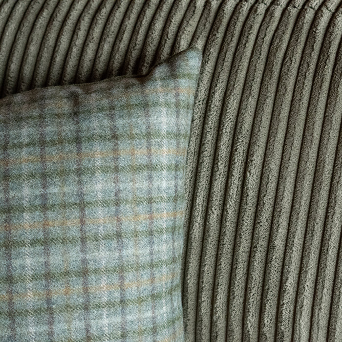 Muted Green Corded Velour Bench Seat Cushion Sofa with Plaid Throw Pillows, Fabric Detail