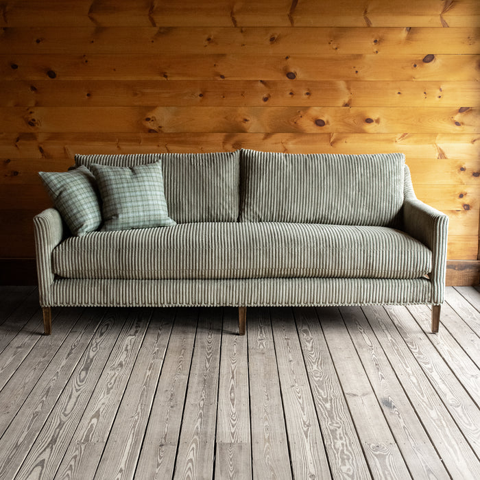 Muted Green Corded Velour Bench Seat Cushion Sofa with Plaid Throw Pillows, Front View