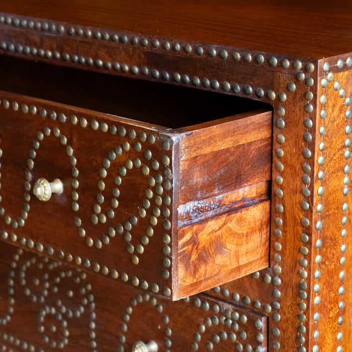 16"D Narrow Rustic Wooden Dresser with Walnut Finish and Decorative Nailhead Design, Drawer Detail