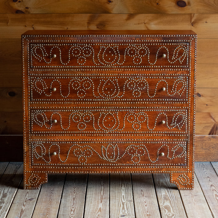 16"D Narrow Rustic Wooden Dresser with Walnut Finish and Decorative Nailhead Design, Front View