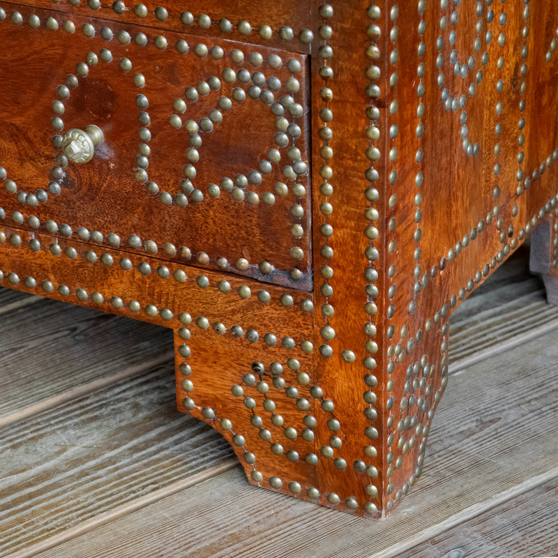 16"D Narrow Rustic Wooden Dresser with Walnut Finish and Decorative Nailhead Design, Leg Detail