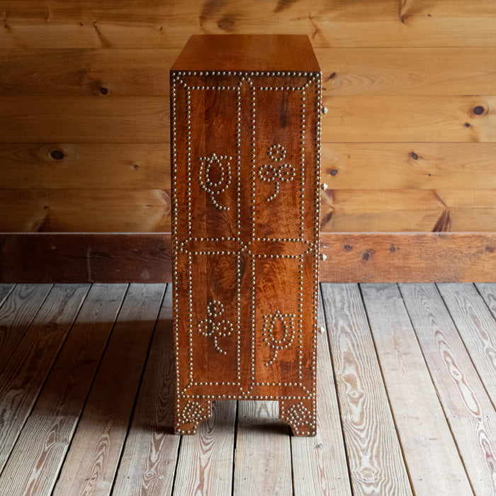 16"D Narrow Rustic Wooden Dresser with Walnut Finish and Decorative Nailhead Design, Profile View