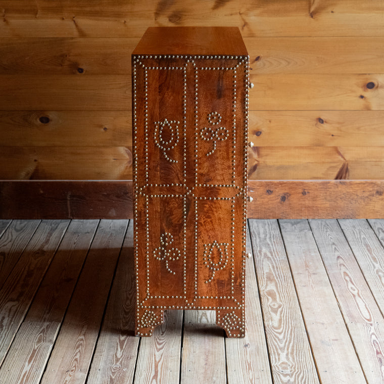 16"D Narrow Rustic Wooden Dresser with Walnut Finish and Decorative Nailhead Design, Back View