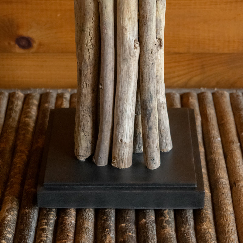 Rustic Modern Natural Driftwood Bundle Table Lamp with Iron Base and Square Linen Shade, Base Detail