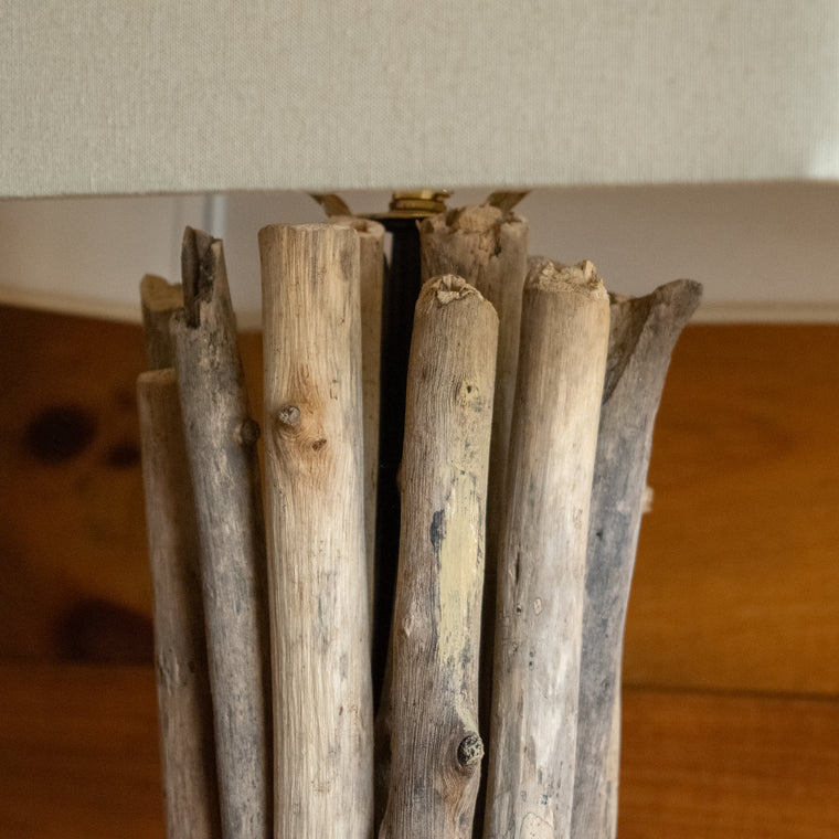 Rustic Modern Natural Driftwood Bundle Table Lamp with Iron Base and Square Linen Shade, Base Detail