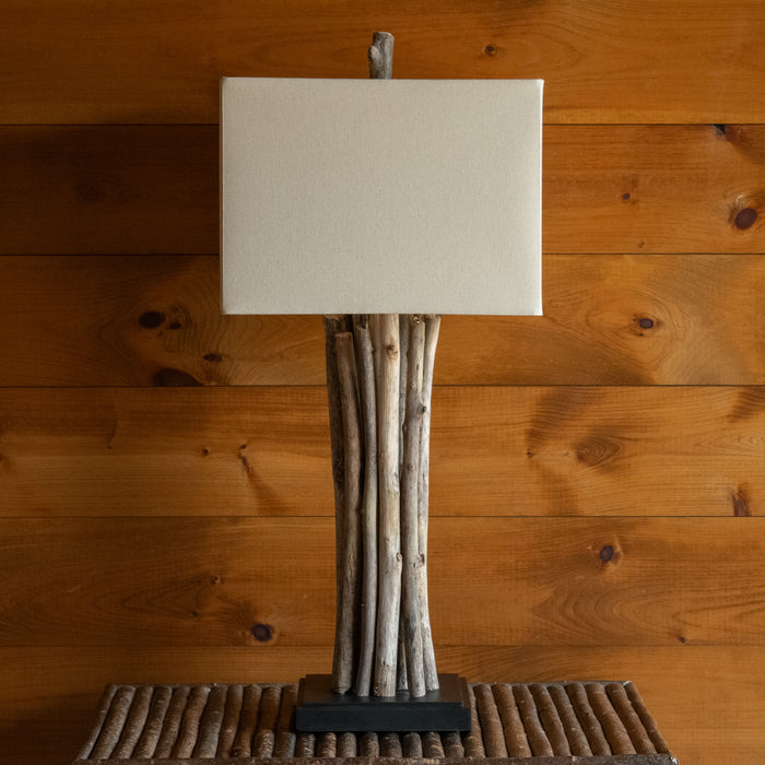 Rustic Modern Natural Driftwood Bundle Table Lamp with Iron Base and Square Linen Shade, Front View