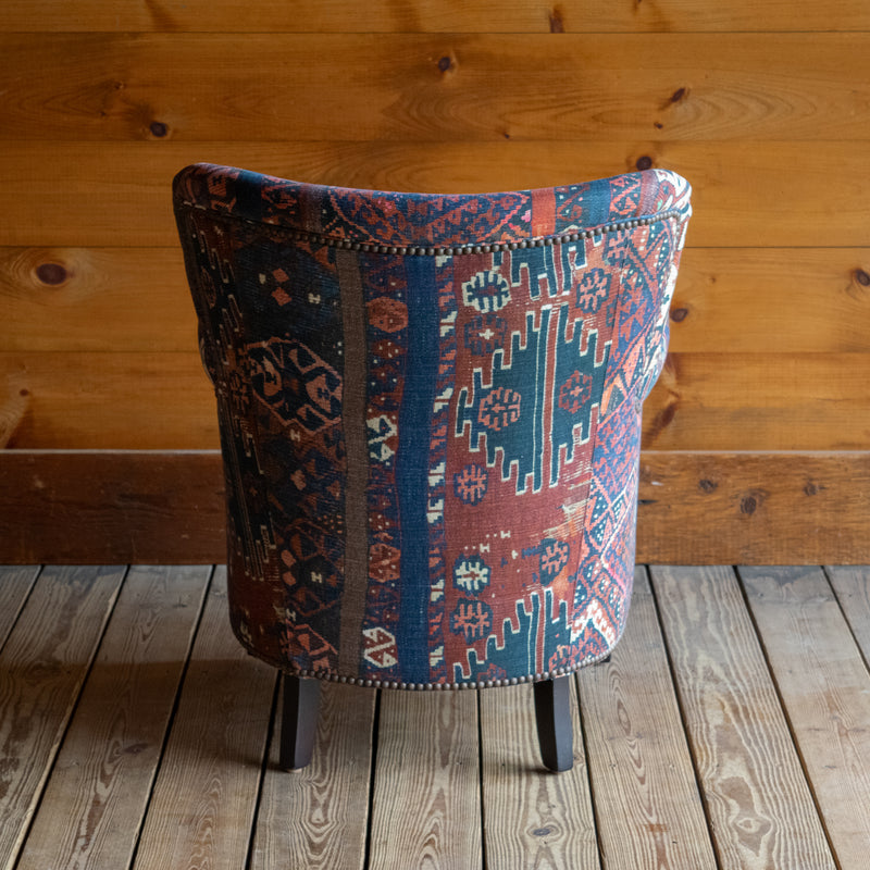 Petite Tightback Armchair Upholstered in Blue, Red, and Pink Abstract Kilim Fabric, Back View