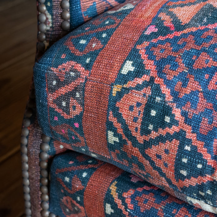 Petite Tightback Armchair Upholstered in Blue, Red, and Pink Abstract Kilim Fabric, Seam Detail