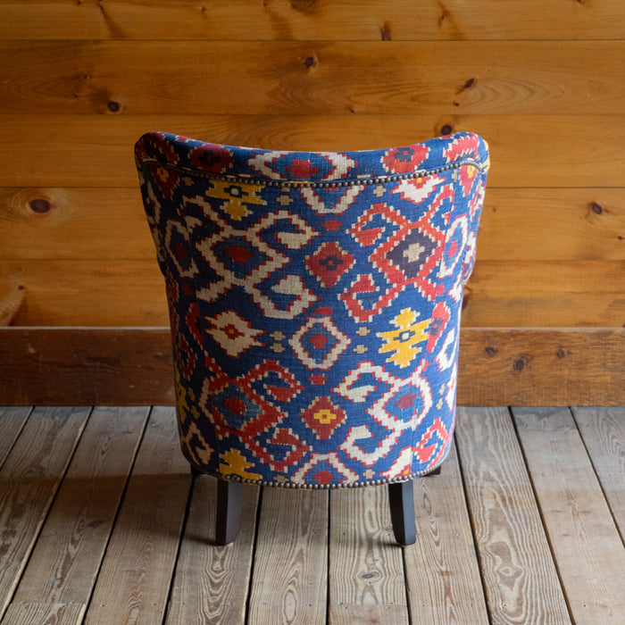 Petite Tightback Armchair Upholstered in Blue, Red, and Yellow Kilim Fabric, Back View